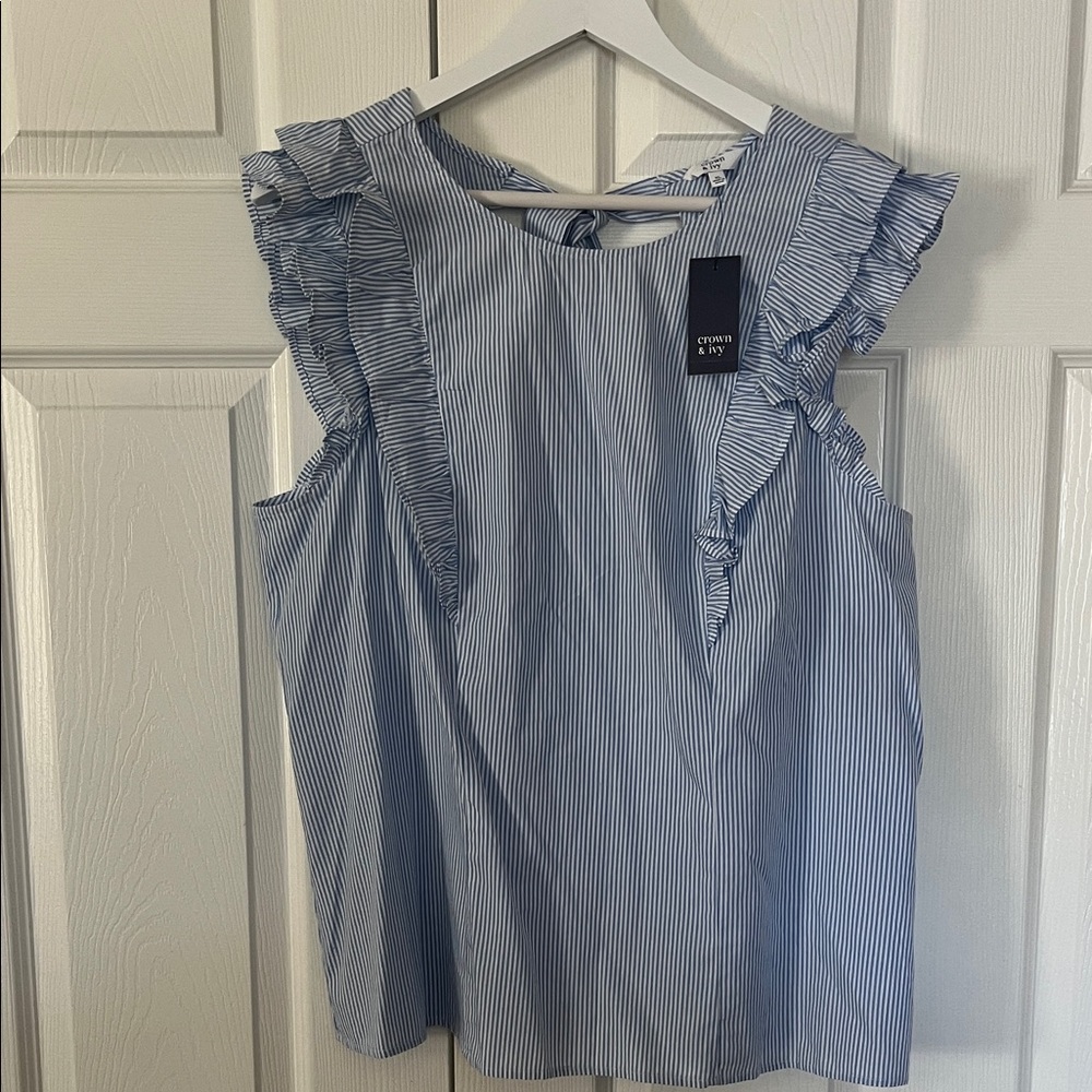 Crown & Ivy Striped Blue Ruffle Sleeveless Top